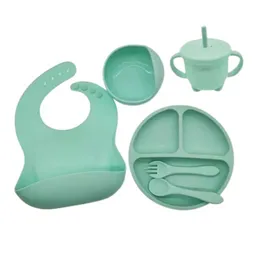 Kit De Alimentacion Bebe-niño Vajilla En Silicona Plato Babero Verde