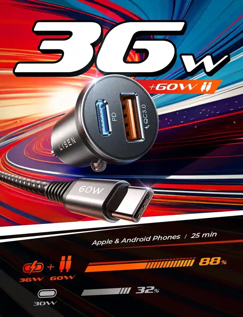 Cargador Carro Usb Carga Rapida 2 En 1 Anti Shock Original