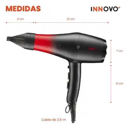 Secador Profesional Con 3 Boquillas 1500w Cable Extra Largo Alta Potencia Calor Y Frio Hair Dryer Innovo Vgr 462