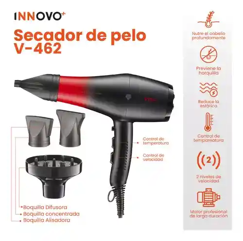 Secador Profesional Con 3 Boquillas 1500w Cable Extra Largo Alta Potencia Calor Y Frio Hair Dryer Innovo Vgr 462