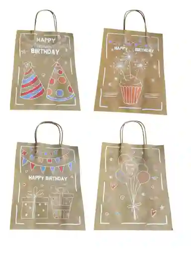 Bolsas Grandes Kraft Para Regalos Cumpleaños Happy Birthday Fiestas X4 Und