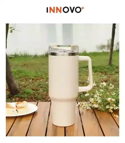 Termo Vaso Conserva Temperatura 1.2 L Acero Inoxidable Con Pitillo Beige Cream Innovo Flask