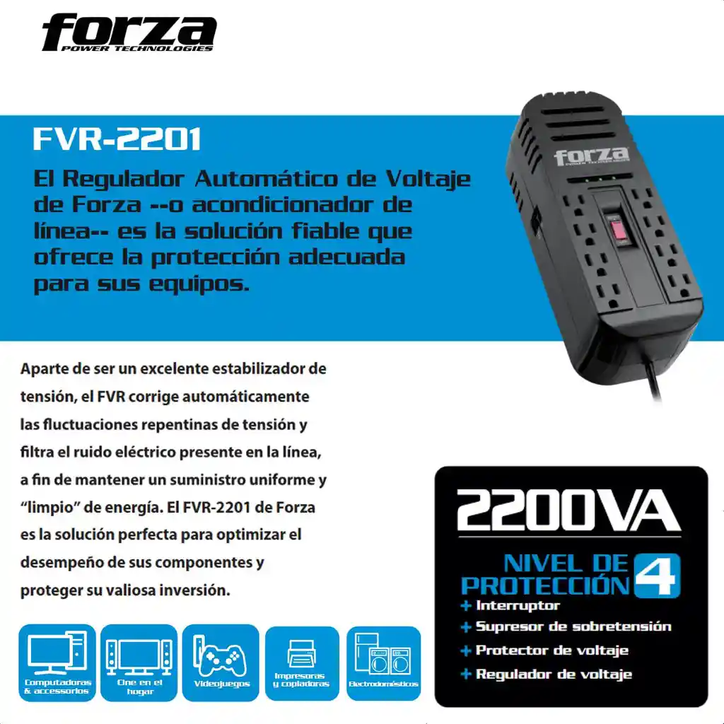 Regulador De Voltaje Automático Forza 2200va/1100w - 8 Tomas