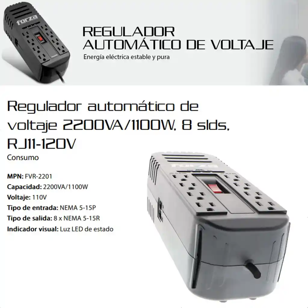 Regulador De Voltaje Automático Forza 2200va/1100w - 8 Tomas