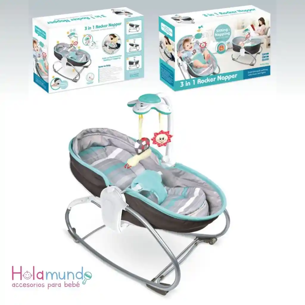 Silla Mecedora Y Cuna Con Movil, Gris- Azul