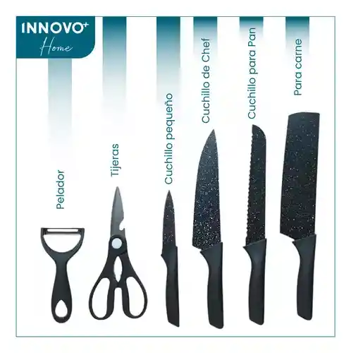 Set De Cuchillos 6 Piezas Kitchen Knife Negro Con Pelador De Papa Innovo Home