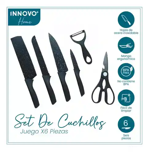 Set De Cuchillos 6 Piezas Kitchen Knife Negro Con Pelador De Papa Innovo Home