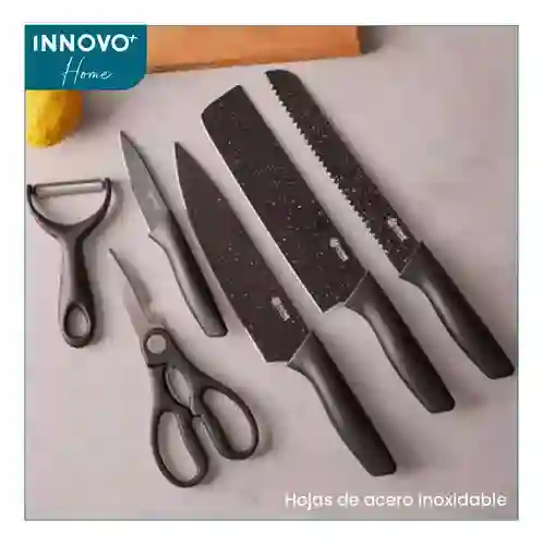 Set De Cuchillos 6 Piezas Kitchen Knife Negro Con Pelador De Papa Innovo Home