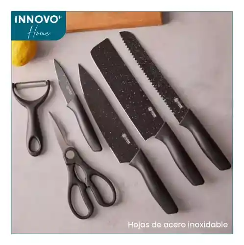 Set De Cuchillos 6 Piezas Kitchen Knife Negro Con Pelador De Papa Innovo Home