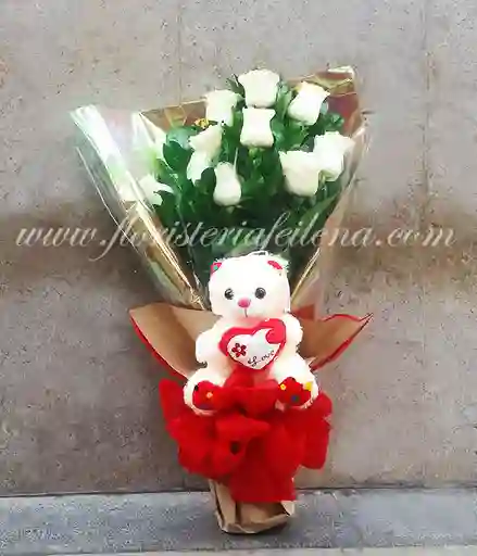 Ramillete Rosas Blanca Y Peluche