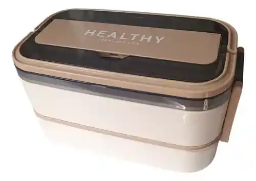 Porta Comidas Lunch Tupper Alimentos 2 Niveles Con Cubiertos Beige Innovo Home