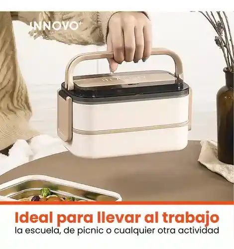 Porta Comidas Lunch Tupper Alimentos 2 Niveles Con Cubiertos Beige Innovo Home
