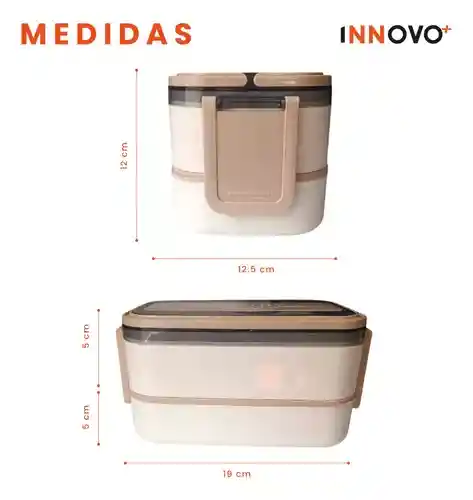 Porta Comidas Lunch Tupper Alimentos 2 Niveles Con Cubiertos Beige Innovo Home