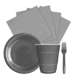 Kit Platos Vasos Servilletas Tenedores Desechables Unicolor Sempertex Plateado