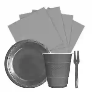 Kit Platos Vasos Servilletas Tenedores Desechables Unicolor Sempertex Plateado