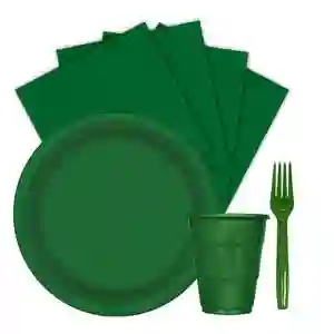 Kit Platos Vasos Servilletas Tenedores Desechables Unicolor Sempertex Verde Selva