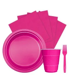 Kit Platos Vasos Servilletas Tenedores Desechables Unicolor Sempertex Color Fucsia