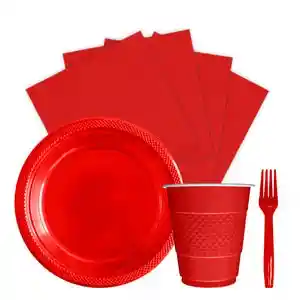 Kit Platos Vasos Servilletas Tenedores Desechables Unicolor Sempertex Color Rojo