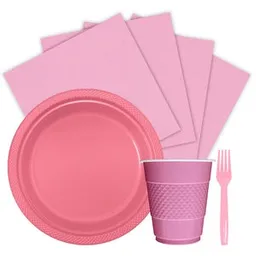 Kit Platos Vasos Servilletas Tenedores Desechables Unicolor Sempertex Color Rosado