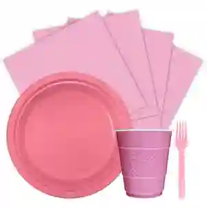Kit Platos Vasos Servilletas Tenedores Desechables Unicolor Sempertex Color Rosado