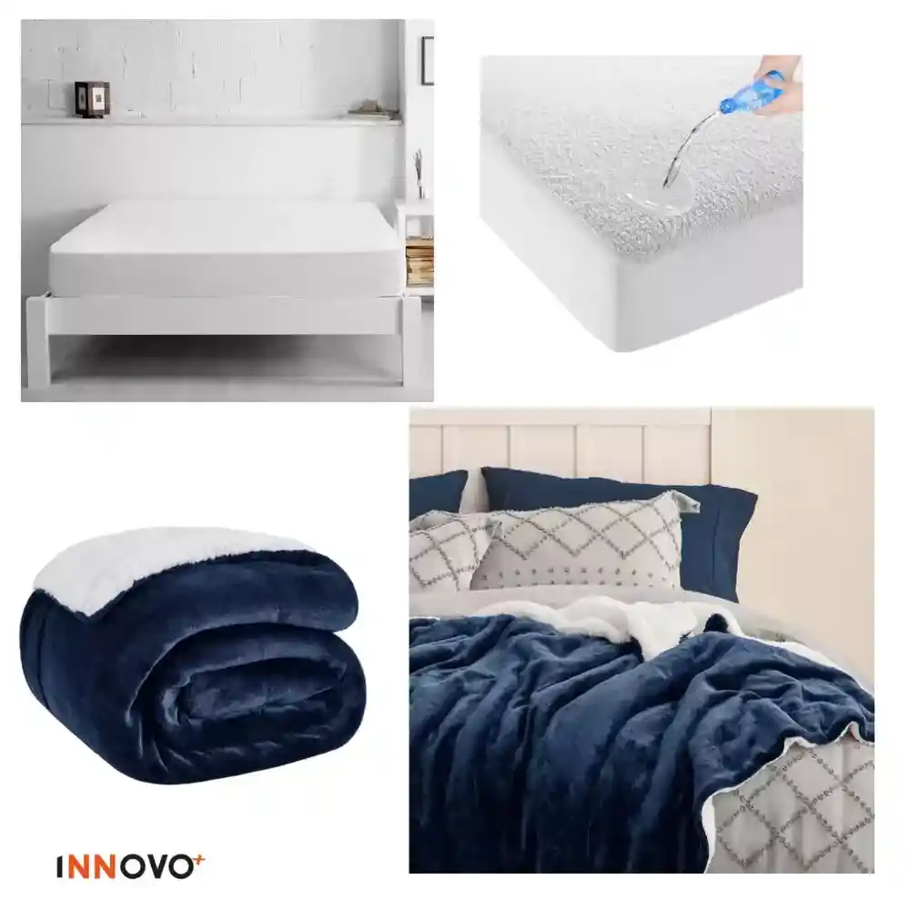 Combo Protector De Colchón Antifluido + Cobija Térmica Ovejera Doble Faz 180 X 240 Azul