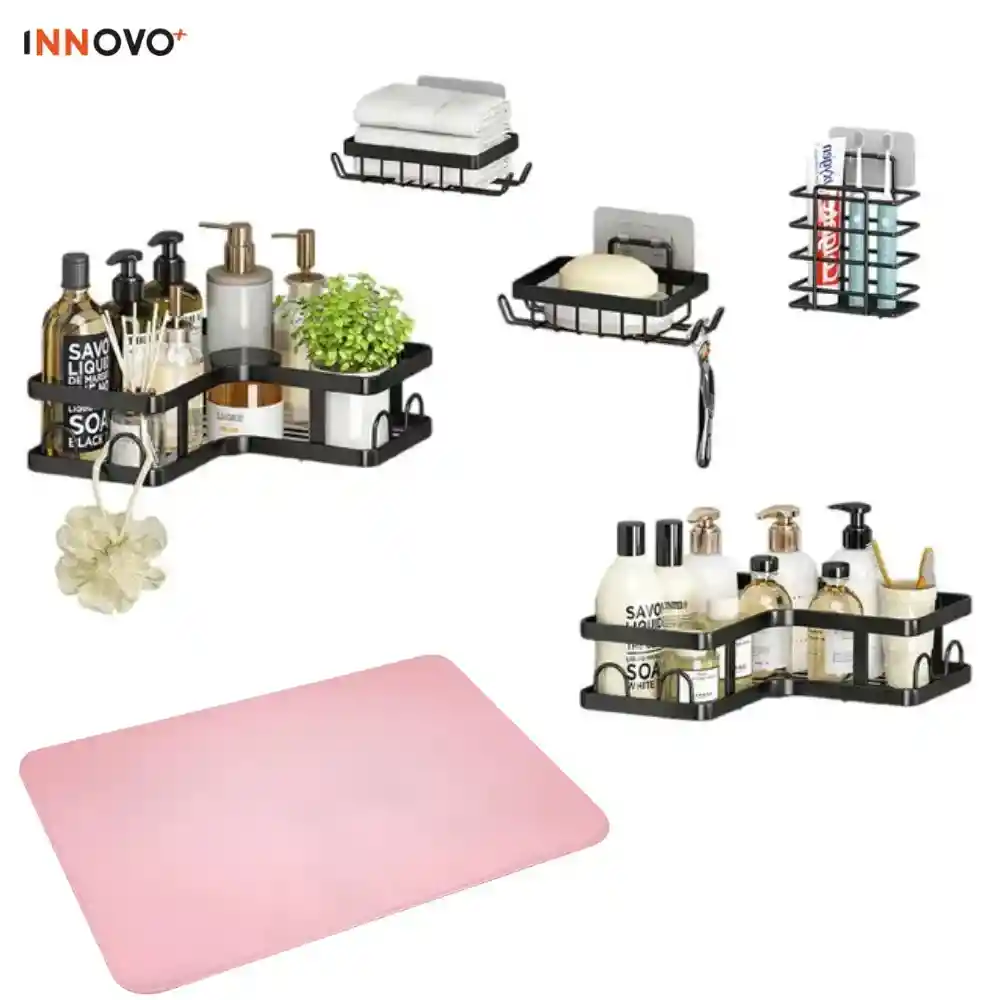 Combo Organizador X5 Piezas De Baño Esquinero + Obsequio Tapete De Baño Peluche Antideslizante