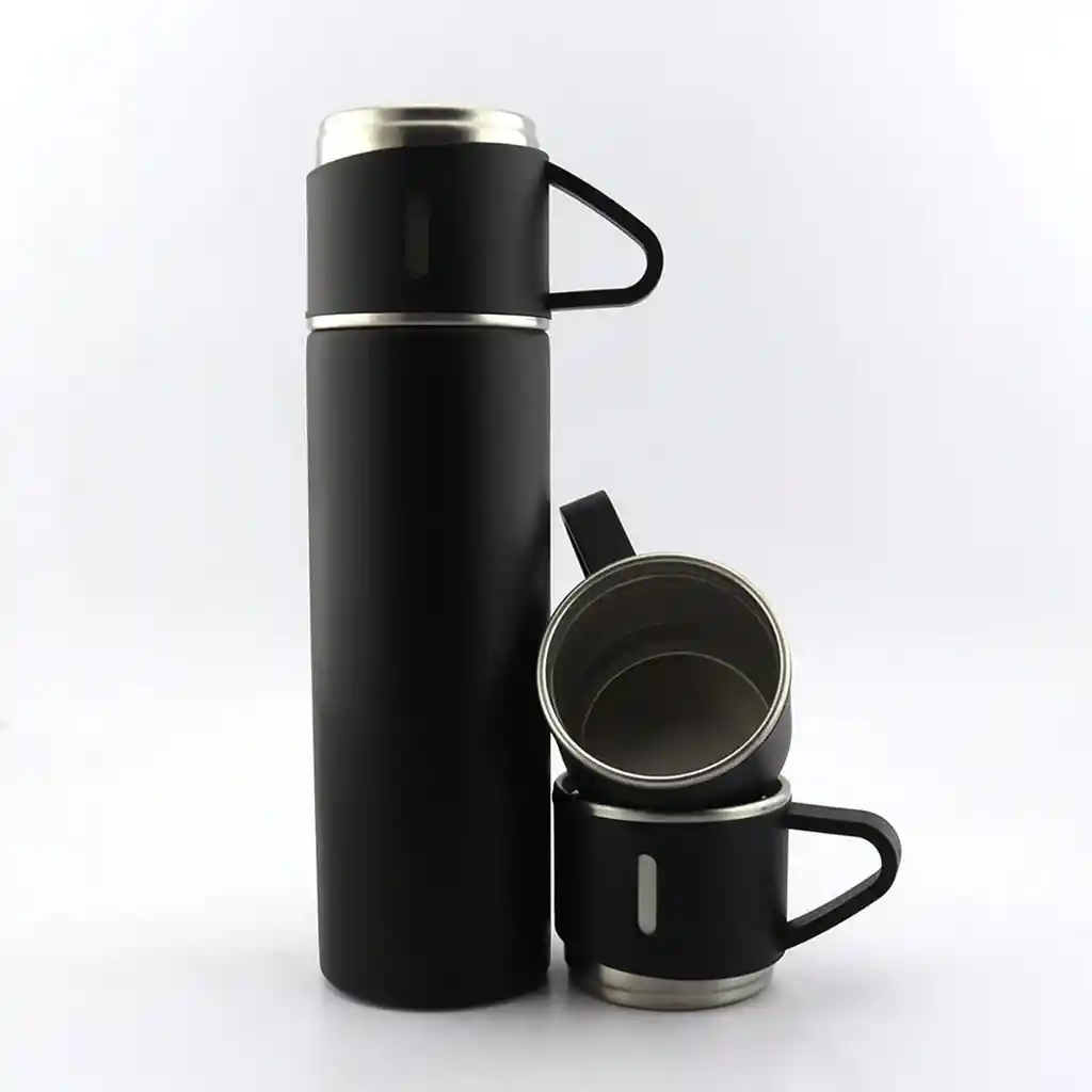 Termo Set Vaso Térmico +3 Tazas De Acero Inoxidable 500ml Negro