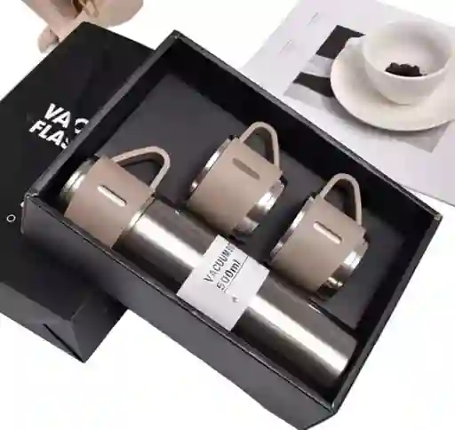Termo Set Vaso Térmico +3 Tazas De Acero Inoxidable 500ml Negro