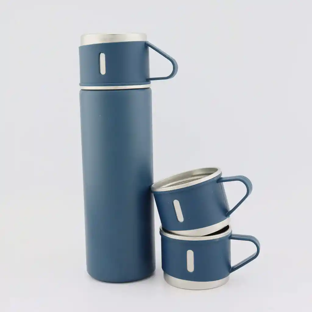 Termo Set Vaso Térmico +3 Tazas De Acero Inoxidable 500ml Azul