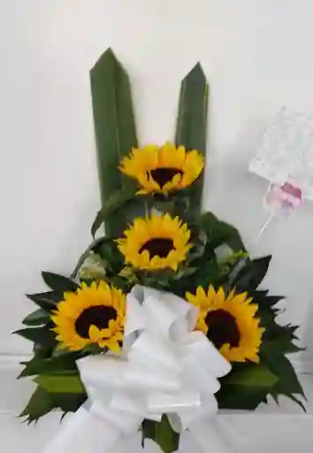 Arreglo 4 Girasoles, Base Madera, Moño Tarjeta