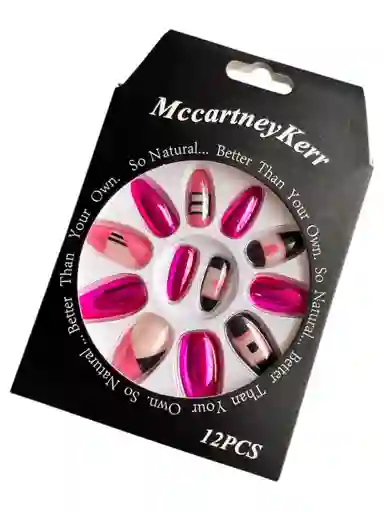 Kit Completo De Uñas Postizas Mccartney Kerr Almendra Cromada Fucsia Rosa Negro - Uñas Press On Con Adhesivo - Ref 2