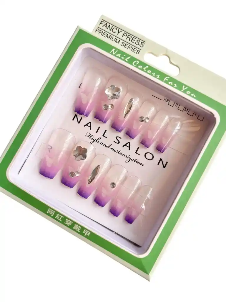 Kit Completo De Uñas Postizas Nail Colors For You Lila Con Pedreria - Uñas Press On Con Adhesivo - Ref 2