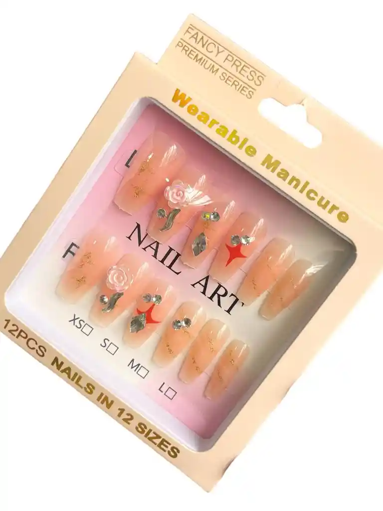 Kit Completo De Uñas Postizas Wearable Manicure Nail Salon Natural Estrella Roja Con Pedreria - Uñas Press On Con Adhesivo - Ref 2