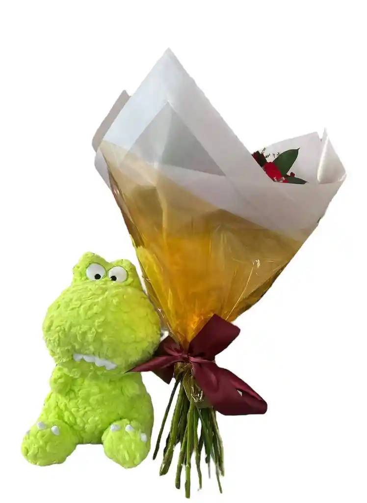 Bouquet Rosas 18 Rojas Y Peluche Dinosaurio Neon