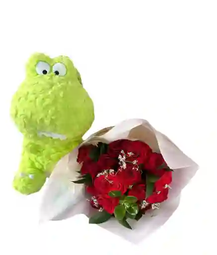 Bouquet Rosas 18 Rojas Y Peluche Dinosaurio Neon