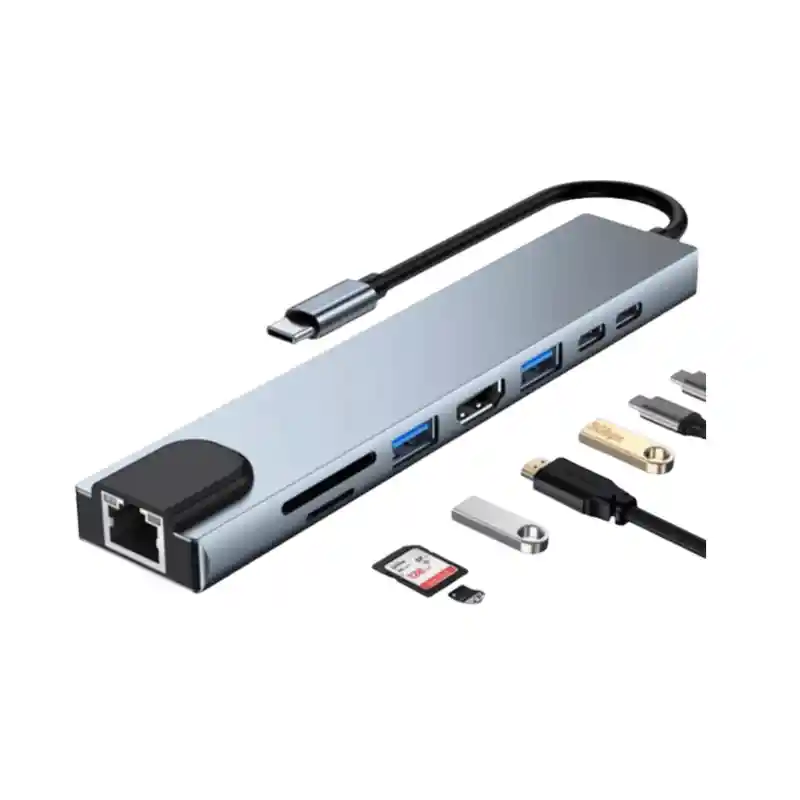 Adaptador 8 En 1 Tipo C Lan Tf Sd Hdmi Usb Pd Hub