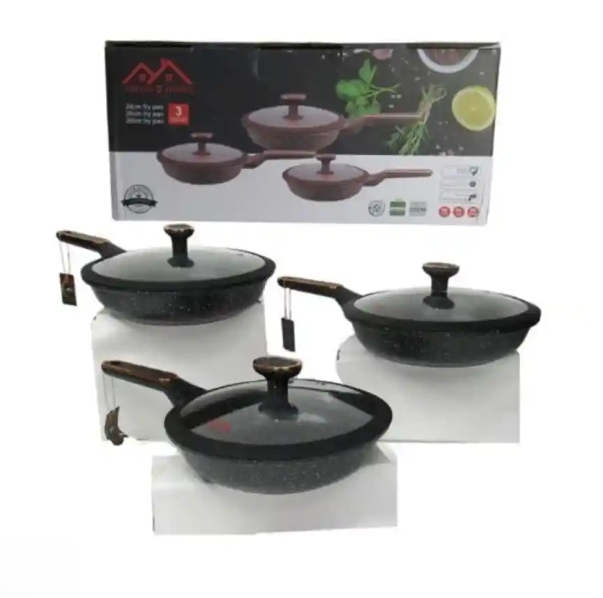 Sartenes En Marmol Swiss Home X3 Con Tapa De Vidrio
