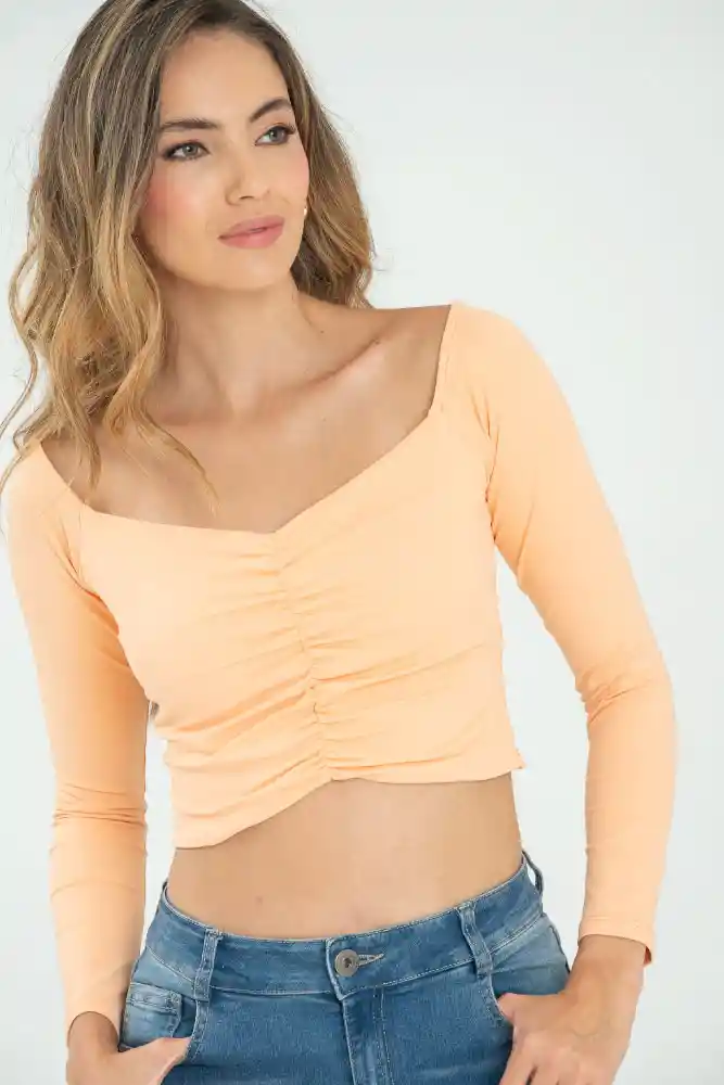 Crop Top Resortado Color Naranja Melon Talla L