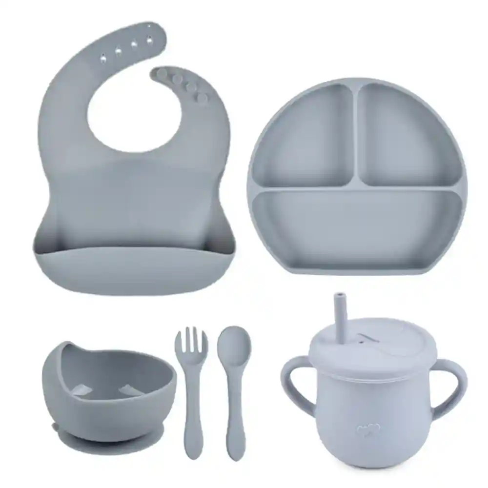 Set De Vajilla Silicona Para Bebés Platos Babero Cubiertos