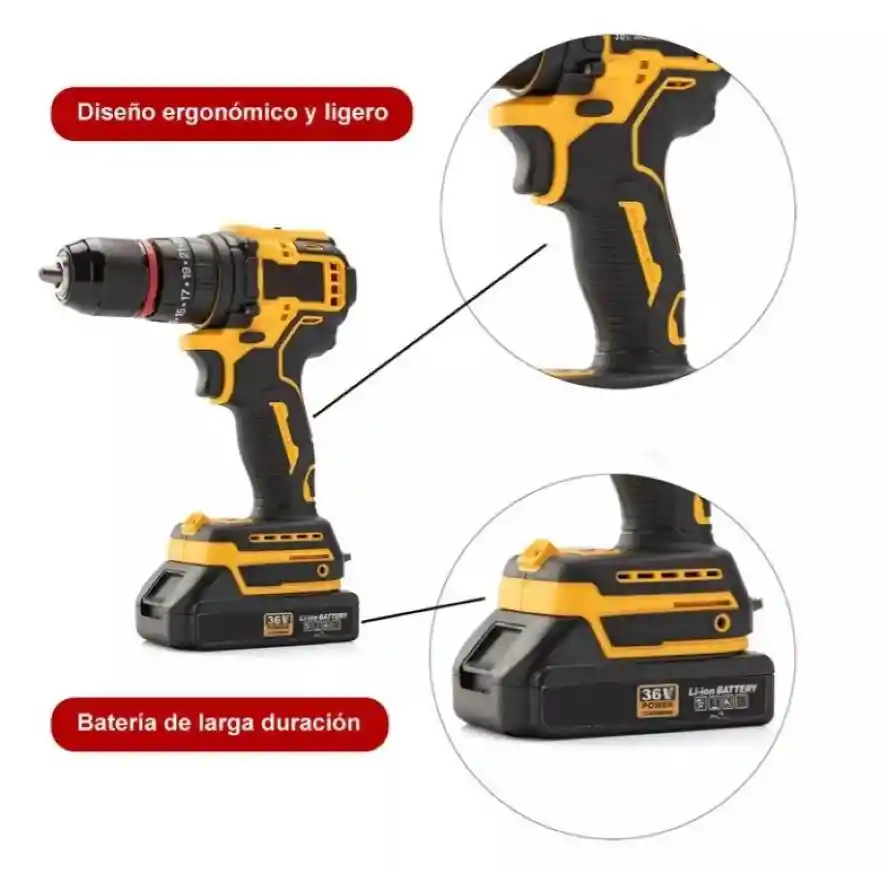 Taladro Inalambrico 36v Con Herramientas 2 Baterías Recargables