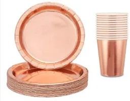 Set - Kit Platos Y Vasos Color Oro Rosa Metalizado X10 Unidades