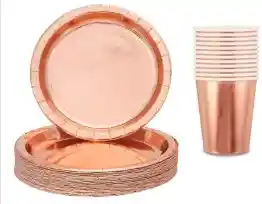 Set - Kit Platos Y Vasos Color Oro Rosa Metalizado X10 Unidades