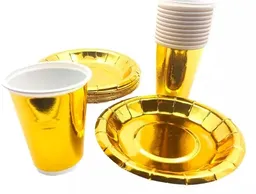 Set - Kit Platos Y Vasos Color Dorado Metalizado X10 Unidades