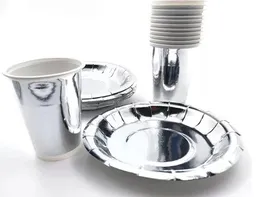 Set - Kit Platos Y Vasos Color Plateado Metalizado X10 Unidades