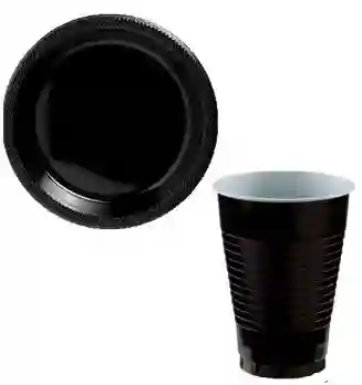 Set - Kit Platos Y Vasos Color Negro Metalizado X10 Unidades