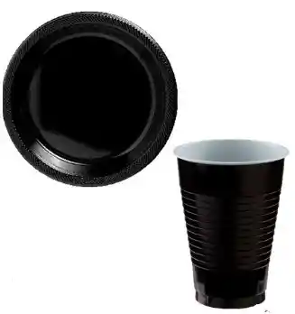 Set - Kit Platos Y Vasos Color Negro Metalizado X10 Unidades