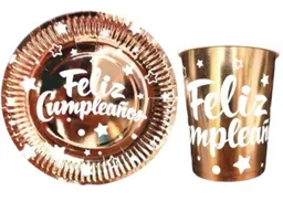 Set - Kit Platos Y Vasos Feliz Cumpleaños Color Oro Rosa Metalizado X10 Unidades