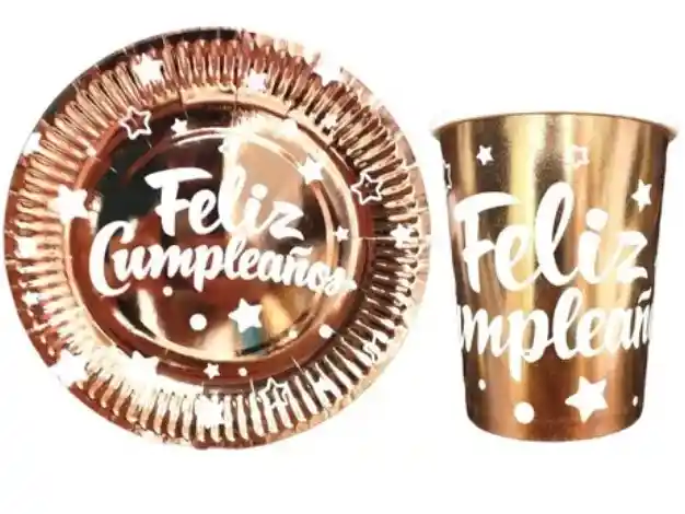 Set - Kit Platos Y Vasos Feliz Cumpleaños Color Oro Rosa Metalizado X10 Unidades