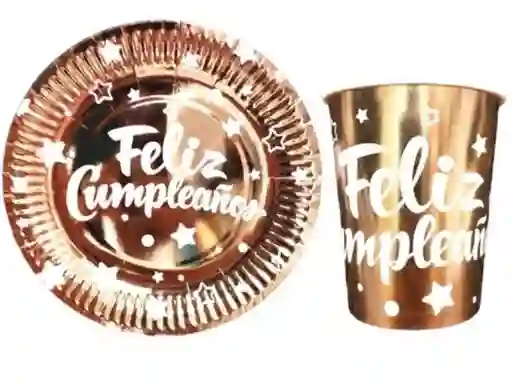Set - Kit Platos Y Vasos Feliz Cumpleaños Color Oro Rosa Metalizado X10 Unidades