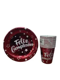 Set - Kit Platos Y Vasos Feliz Cumpleaños Color Rojo Metalizado X10 Unidades